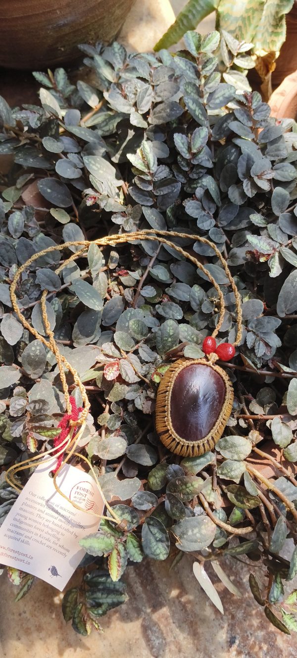 Macramé Seabean Necklace (brown thread, crimson red glass beads)