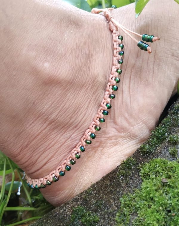 Macramé Anklet Peach & Glassy green Crown pattern